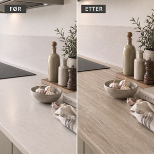 Før og etter: lys kjøkkenbenk fornyet med Blond Oak kontaktplast i lys eik