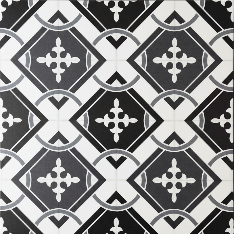 Nærbilde av Isadora flis med grafisk ornament i sort og gråtoner