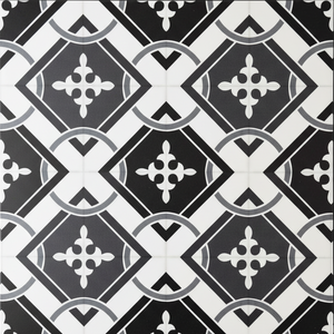 Nærbilde av Isadora flis med grafisk ornament i sort og gråtoner