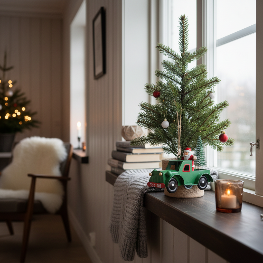 Grønn metallbil med nisse og juletre som julepynt i vinduskarm i nordisk stue