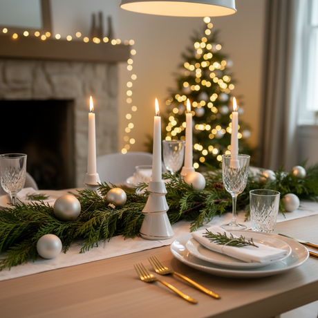 Elegant julepyntet spisebord med hvite lysestaker formet som juletrær med gullkant og tente stearinlys, omgitt av granbar og juledekorasjoner i varm, festlig belysning