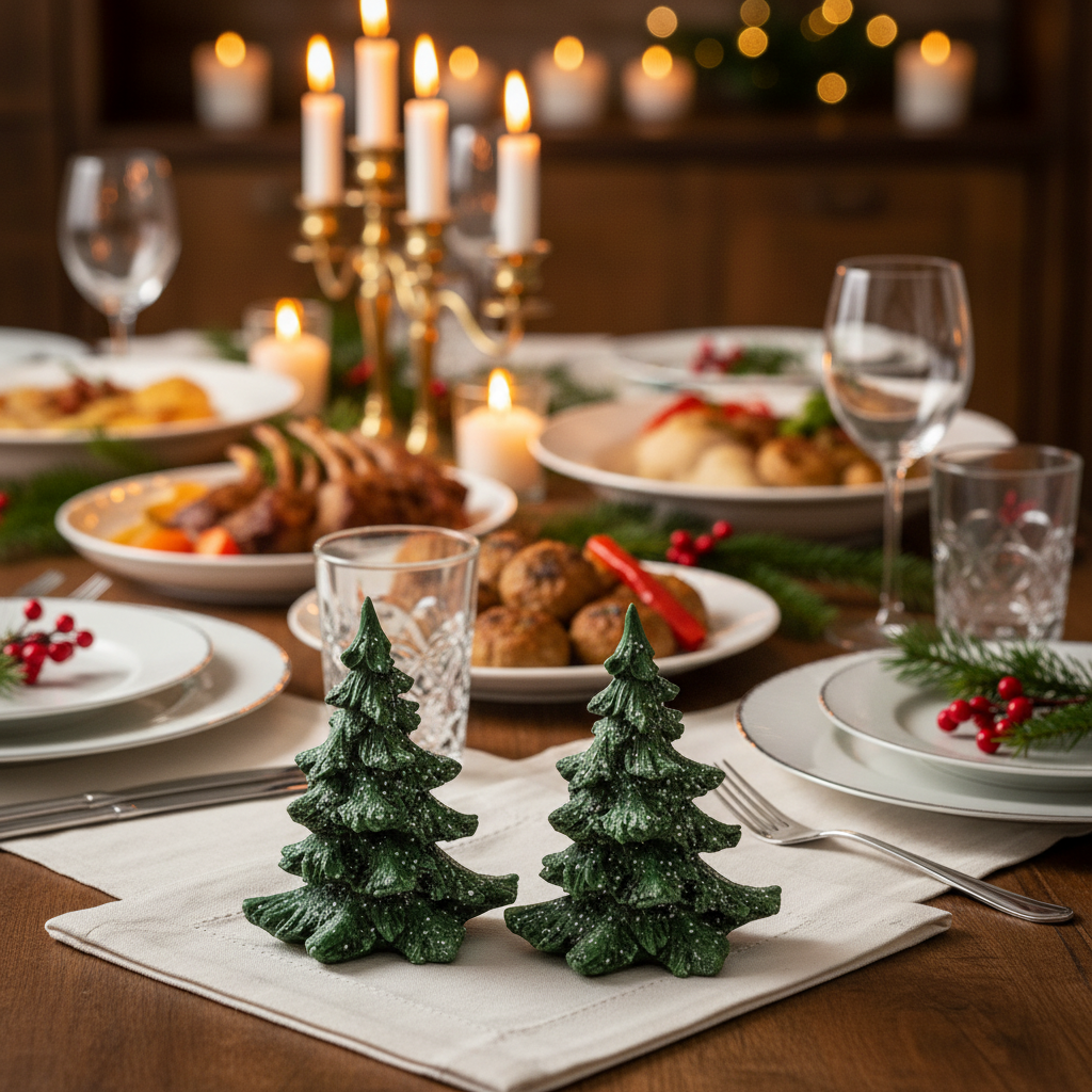 2-pk dekorative juletre med snø 16 cm som bordpynt på julemiddagsbord med julemat og lys - elegant juleborddekorasjon