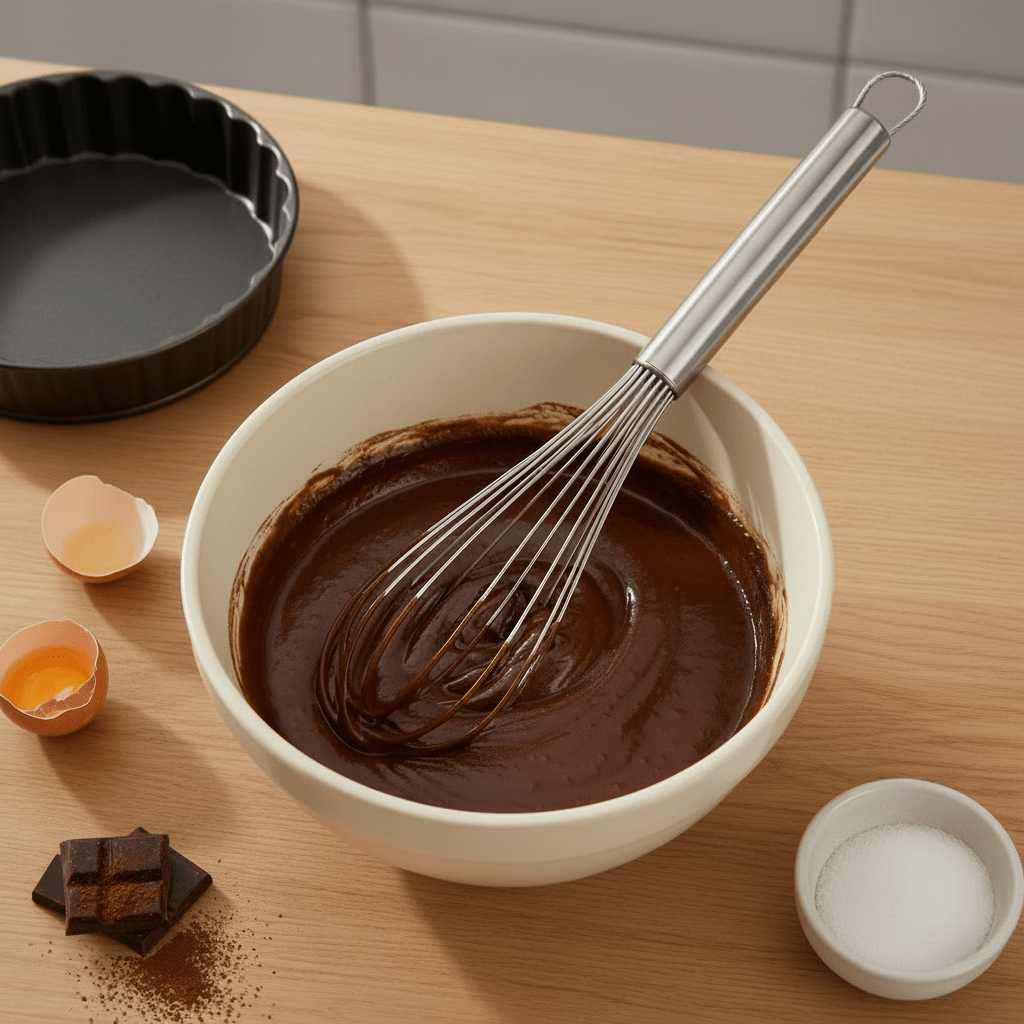 Ballongvisp i rustfritt stål plassert i en bolle med sjokoladerøre på kjøkkenbenk, omgitt av bakeutstyr og ingredienser. - Lindas dekor 