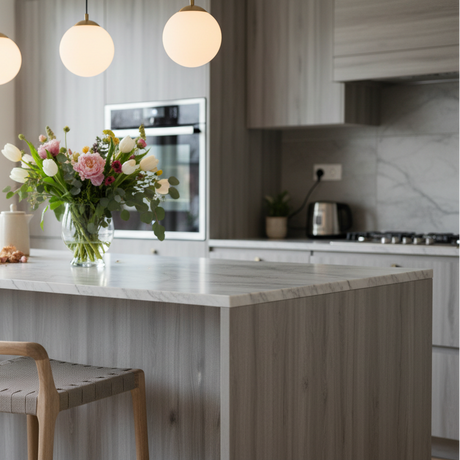 Detaljbilde av kontaktplast med naturtro trestruktur i grå eik