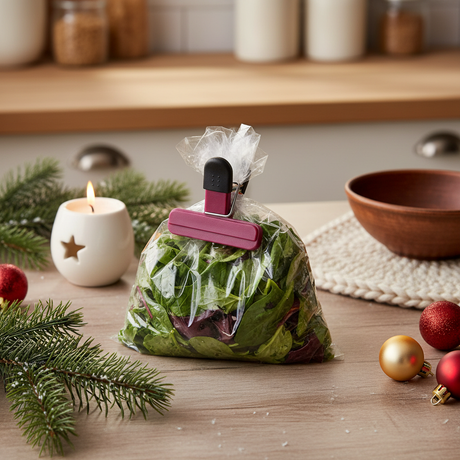 Liten poseklips brukt til å lukke pose med fersk salat på pyntet kjøkkenbenk - holder salaten frisk lenger