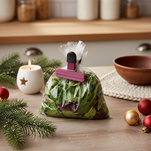 Liten poseklips brukt til å lukke pose med fersk salat på pyntet kjøkkenbenk - holder salaten frisk lenger