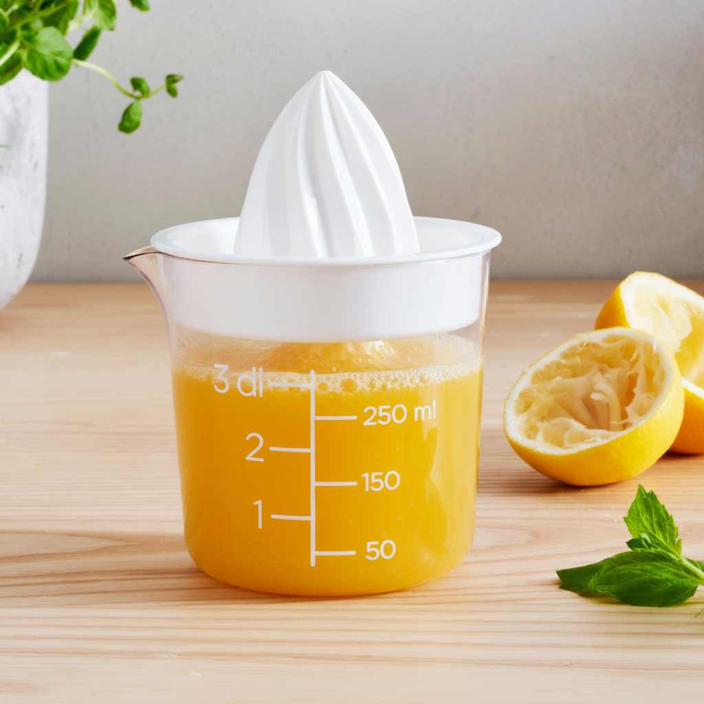 Sitruspresse i plast med tydelig måleskala og dryppfri helletut