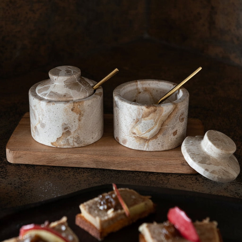 Marmor kryddersett beige 20 cm, eksklusivt salt og pepper sett