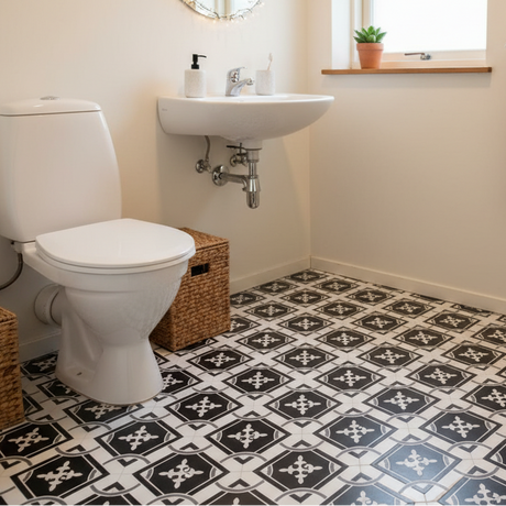 De vakre flisene med sitt intrikate mønster lagt på et lite bad. 