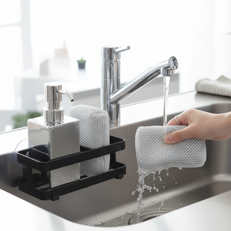 Kjøkken organizer med sugekopper for montering i vask eller på fliser