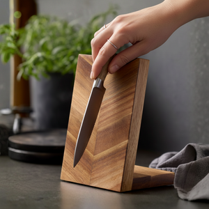 praktisk knivoppbevaring i tre med magnet på begge sider