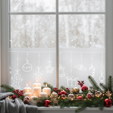 Winter garland vindusfolie med vintergirlander på vindu med julepyntet vinduskarm med granbar, stearinlys, julekuler og lysdekorasjoner i varm julekos