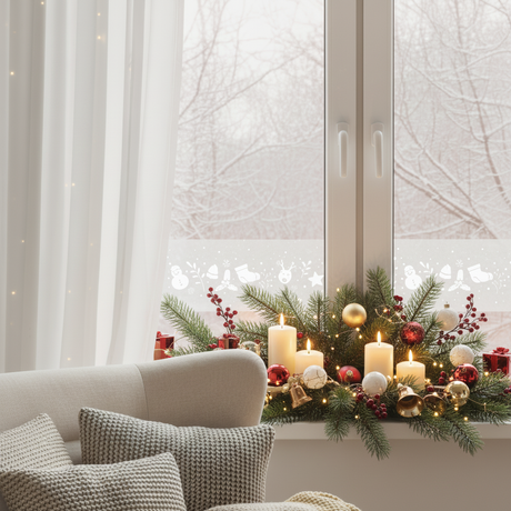 Winter joy vindusfolie med vintermønster på vindu med julepyntet vinduskarm med granbar, stearinlys, julekuler og lysdekorasjoner i varm julekos