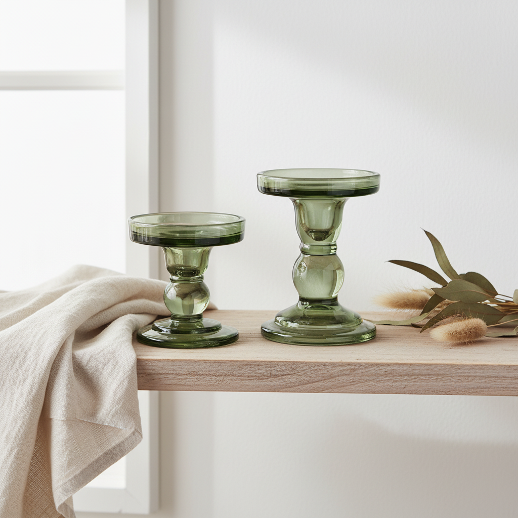 Bundle med grønne lysestaker i glass i to forskjellige høyder