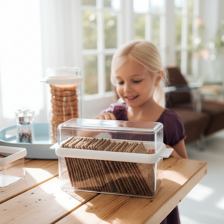 Praktisk matboks i klar plast med hvitt lokk