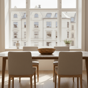 Trefat med rund form og trekuler kant plassert på spisebord
