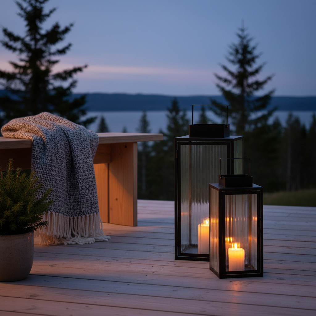 Lykter sort metall ved inngangsparti kveldslys stemningsbelysning
