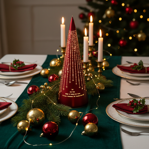 Rød kjegleformet LED-lyslykt 30 cm med Det lyser-tekst på julepyntet bord med granbar, julekuler og stearinlys i varm julekos