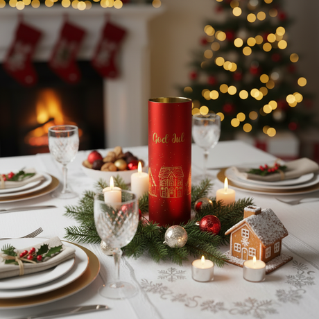 Rød LED-lyslykt med God Jul-tekst på julepyntet bord med granbar, julekuler og stearinlys i varm julekos