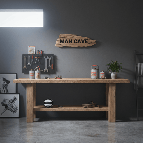 MAN CAVE skilt på mørk vegg over arbeidsplass for modellbygging med verktøy, hobbyutstyr og arbeidslampe.