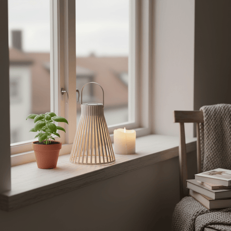 Kompakt solarlykt beige brukt som stemningslys på utebord
