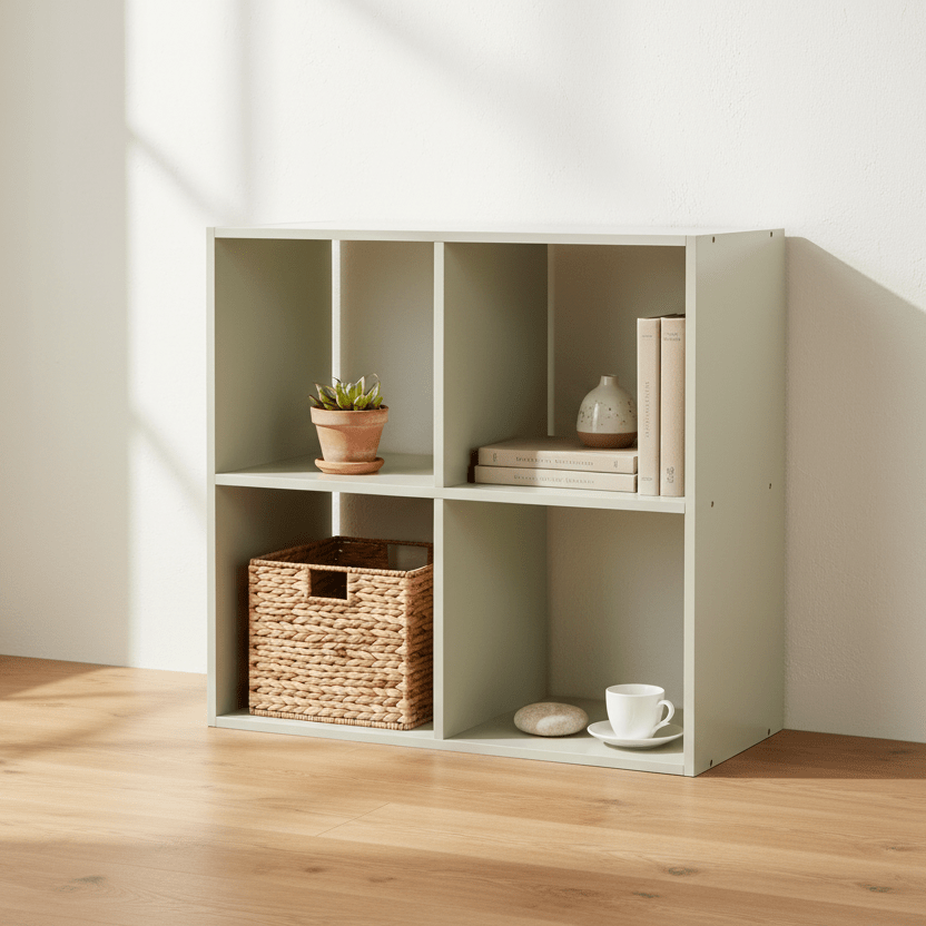 Grønn kubereol med 4 rom, 63,6 x 63,6 cm, innredet med kurv, bøker og dekor på barnerom