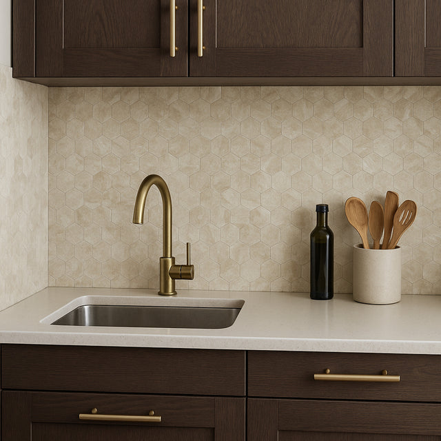 kjøkken med Grace hexagon selvklebende fliser i beige marmor-look på kjøkkenveggen, valnøtt skapfronter og messing detaljer