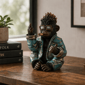 Apefigur i blå skinnjakke med solbriller og sigar plassert på trebord i moderne stue med sofa og potteplante i bakgrunnen