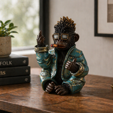 Apefigur i blå skinnjakke med solbriller og sigar plassert på trebord i moderne stue med sofa og potteplante i bakgrunnen