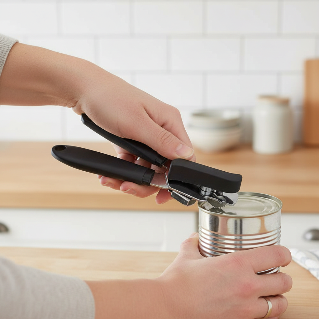 Nærbilde av hender som åpner hermetikkboks med GastroMax boksåpner