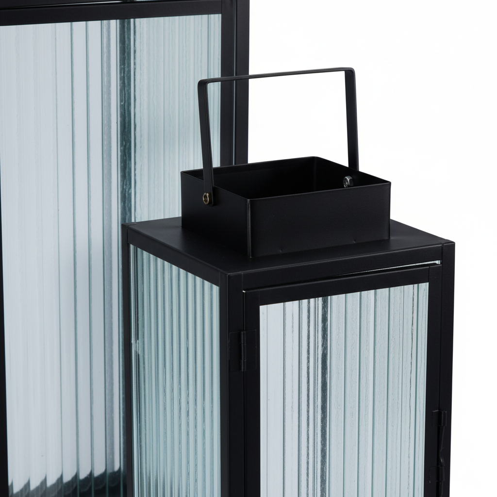 Lykter sort metall sett 2 stk produktbilde størrelsessammenligning 16-45 cm
