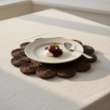 Rund bordbrikke i mørk brun siv med blomstermønster, 36 cm diameter, sett ovenfra mot hvit bakgrunn

