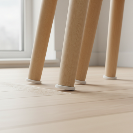 Hvit filtknott festet under stolbein på lyst gulv fra Lindas Dekor