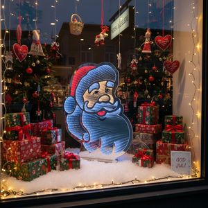 Infinity speil nisse lysskilt 69 cm i butikkvindu omgitt av julegaver, juletre og lysslynger. Den tosidige LED-dekorasjonen skaper magisk 3D-effekt med blå og røde lys.