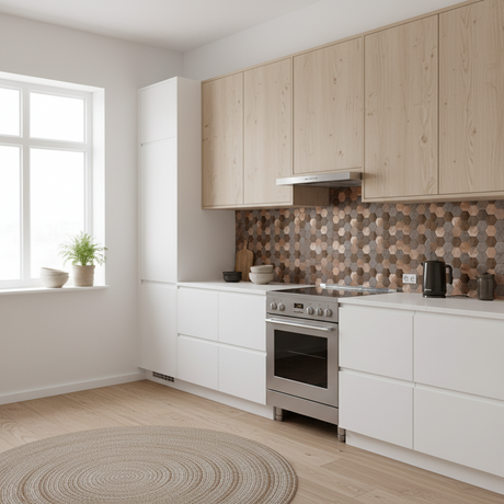 Bente hexagon selvklebende veggfliser i jordtoner montert på kjøkkenvegg