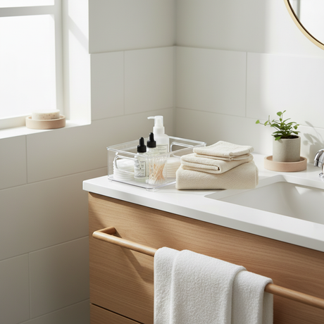 Transparent oppbevaringsboks til bad – organizer for hudpleie og tilbehør