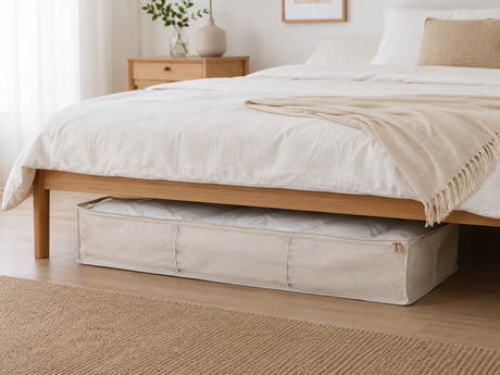 Beige oppbevaringspose med glidelås og transparent topp, plassert under en lys treseng i et lyst, skandinavisk soverom.