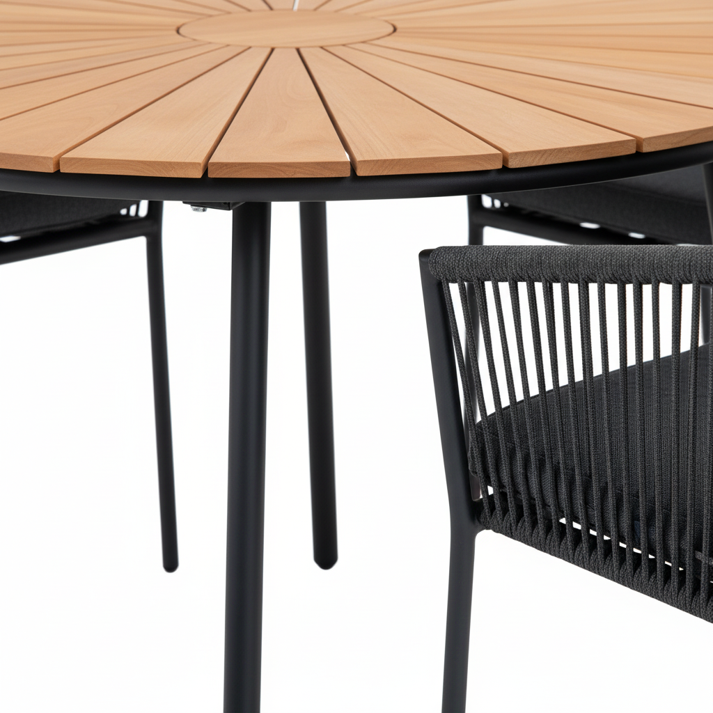 Hagesett i teak, aluminium og polyester med moderne uttrykk