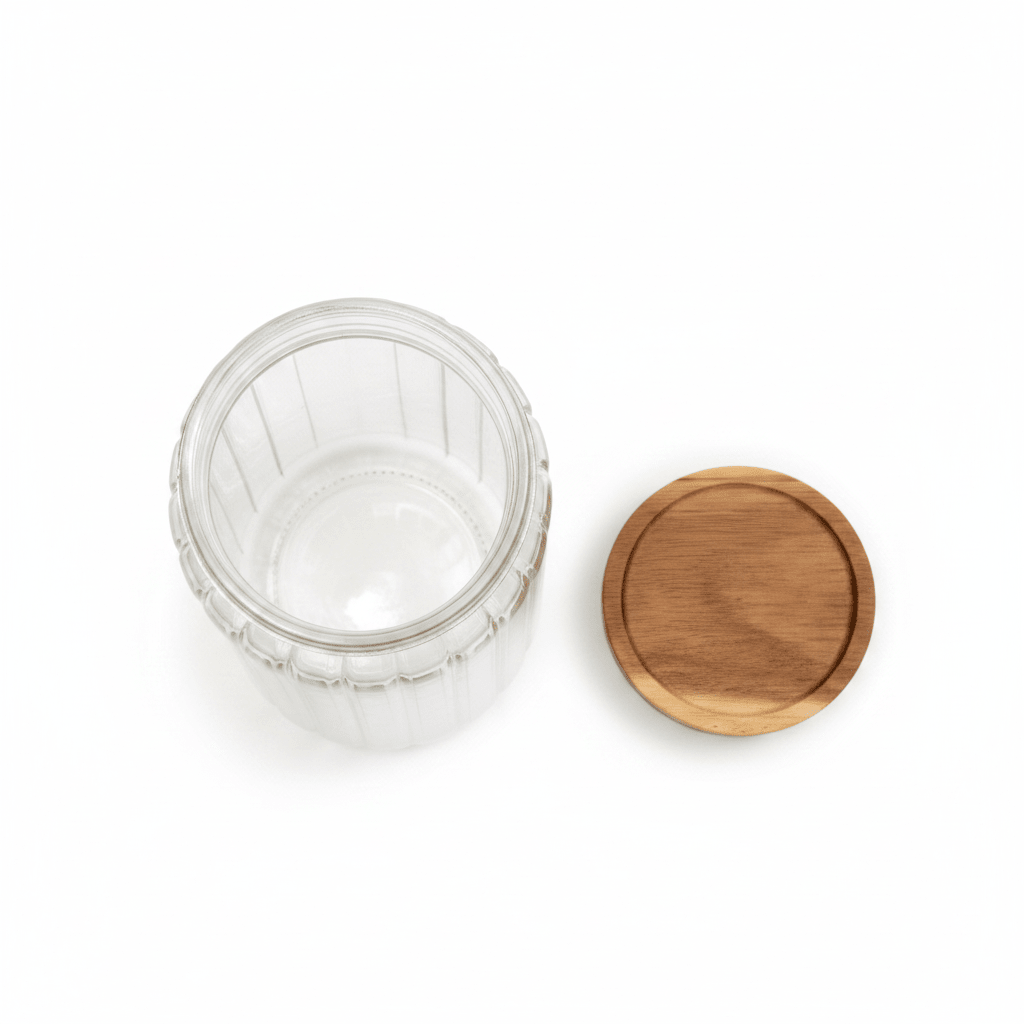 Transparent oppbevaringskrukke i rillet glass med trelokk
