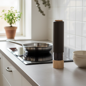 Elektrisk pepperkvern stående på kjøkkenbenk ved komfyr i moderne kjøkken.