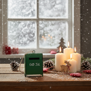 Grønt julepynt formet som en postkasse med et 'God Jul'-motiv
