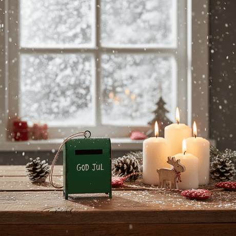 Grön juldekorationer formade som postlåda med motivet God Jul