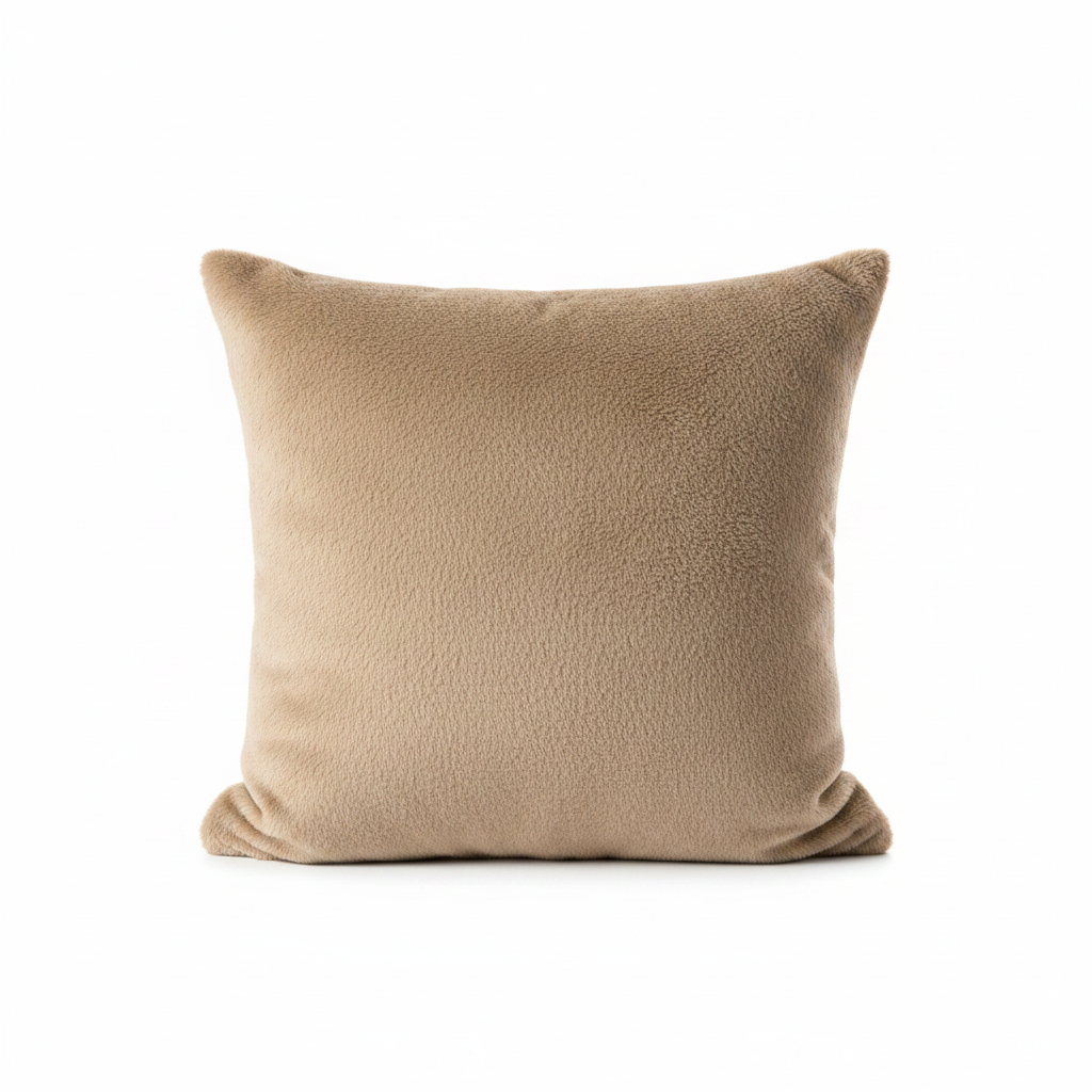 Dekorativt beige putetrekk med myk pelslook i stue