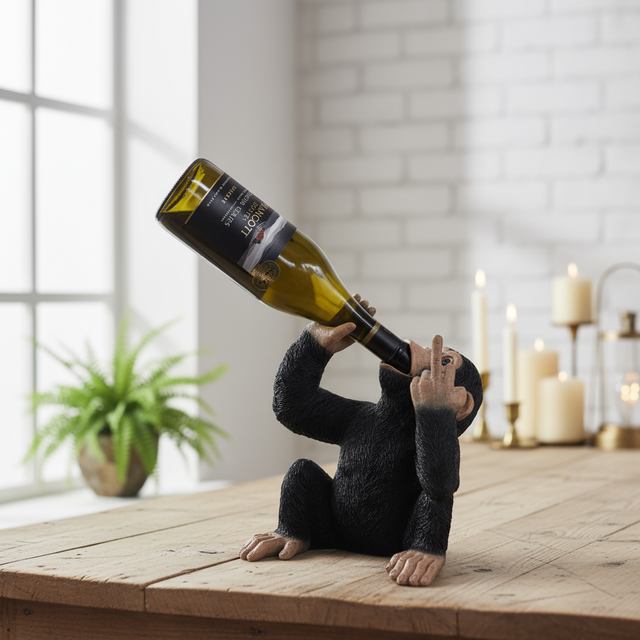Frekk apekatt vinholder fra Lindas Dekor med vinflaske på bord i stue