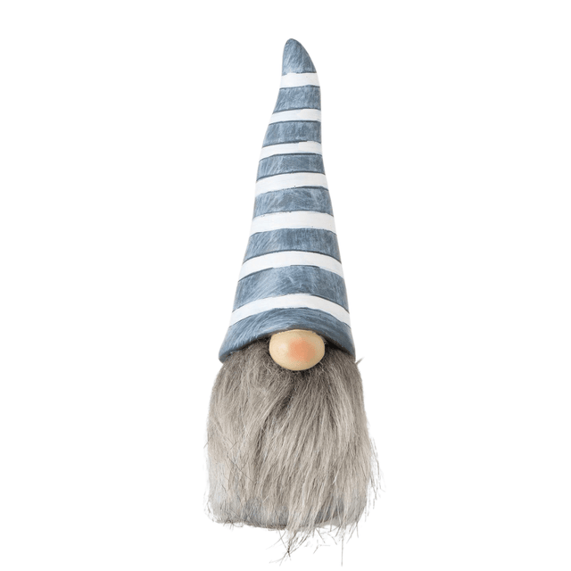 Bob nissefigur med blå stripete lue og langt grått skjegg – 20 cm julepynt.