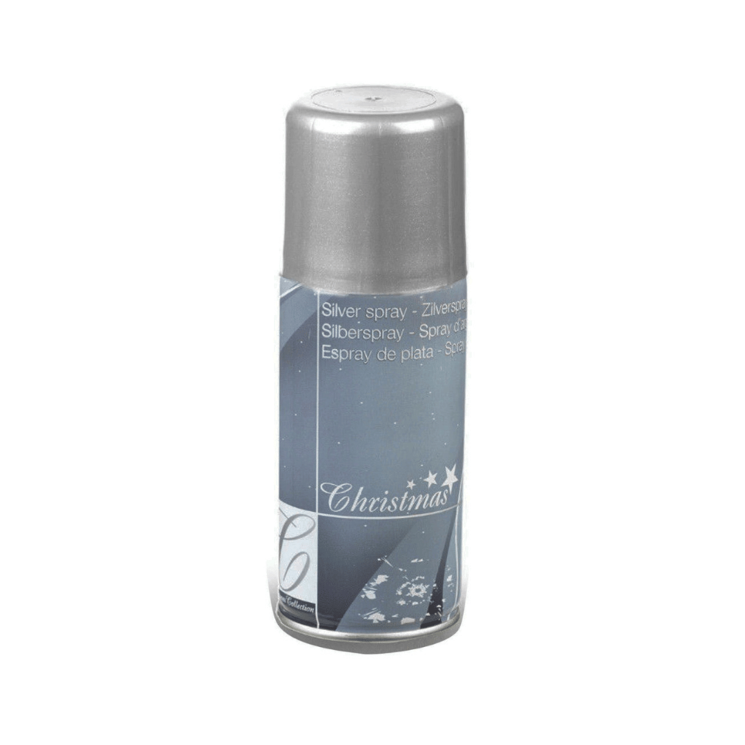 Flaske med dekorativ sølvspray 150 ml stående på hvit bakgrunn.