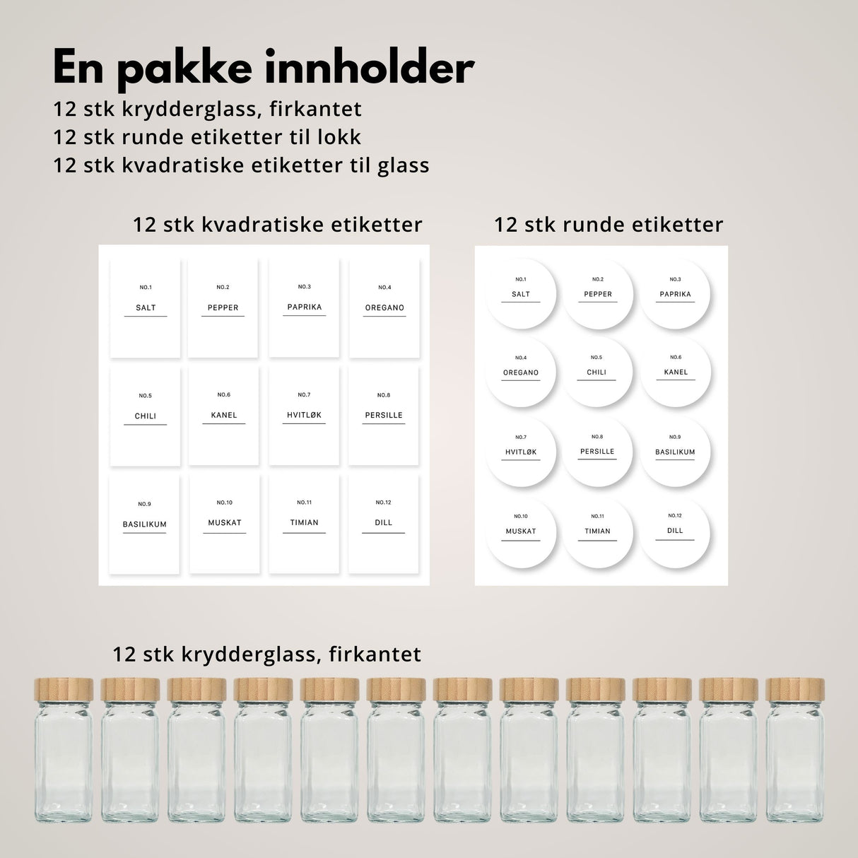 12-pk krydderglass med etiketter