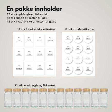 12-pk krydderglass med merkeetiketter for praktisk oppbevaring av krydder