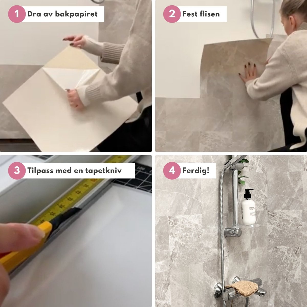 8 - pk Kalk beige selvklebende fliser - Lindas Dekor