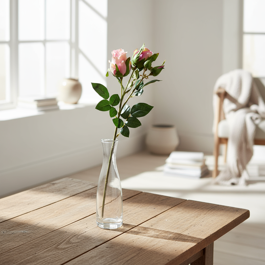 Mr. Plant Rose rosa plassert i enkel glassvase